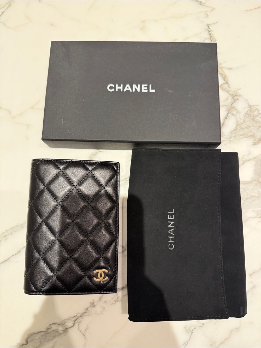 CHANEL Black Quilted Leather Card or Passport Holder with Gold CC